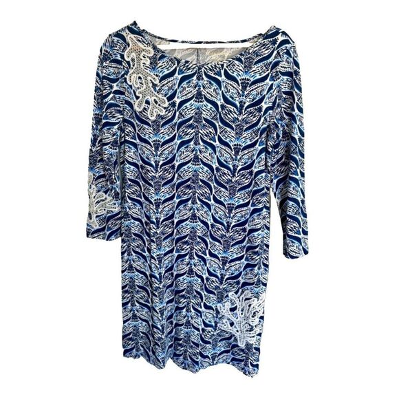 Lilly Pulitzer Marlowe Shift Dress Blue Lace A Mermaid's Tail 3/4 Sleeve MED - Picture 1 of 8